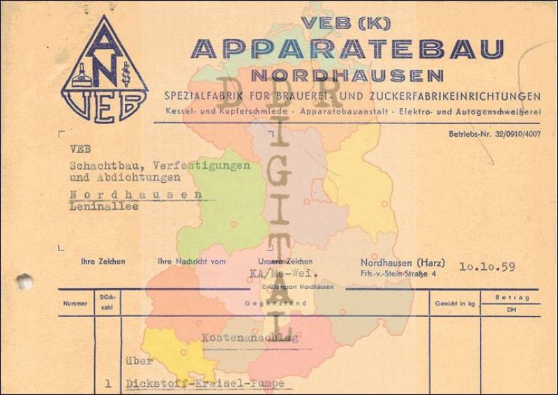 Brief vom VEB (K) Apparatebau Nordhausen