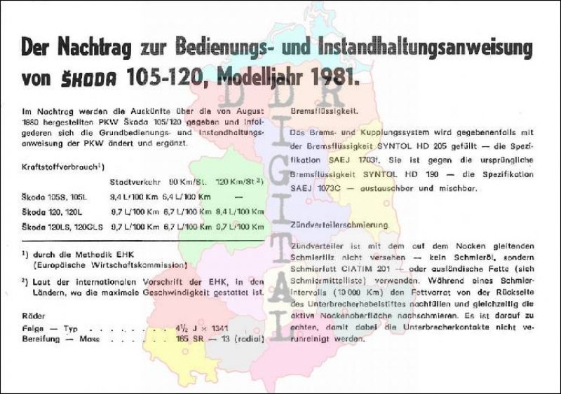 Der Nachtrag zur Bedienungs- und Instandhaltungsanweisung von Skoda 105-120, Modelljahr 1981