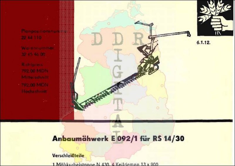Anbaumähwerk E 092/1 für RS 14/30