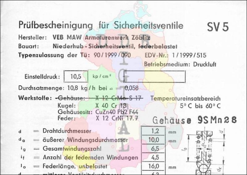 Prüfbescheinigung für Sicherheitsventile SV 5