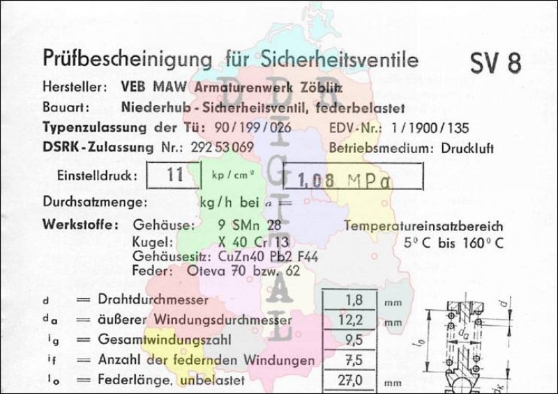 Prüfbescheinigung für Sicherheitsventile SV 8