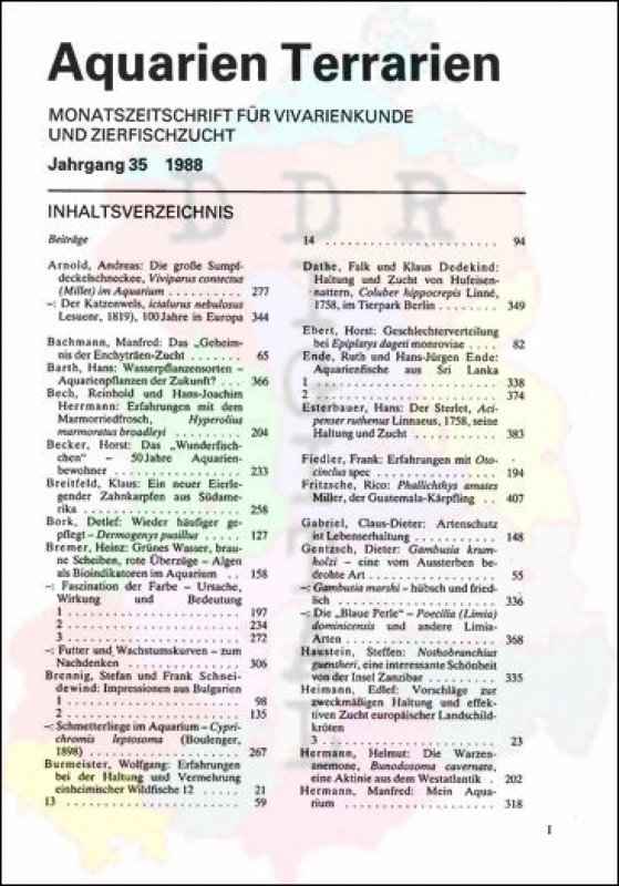 Aquarien Terrarien Inhaltsverzeichnis 1988